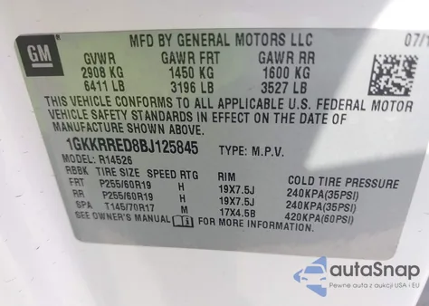 2011 GMC Acadia Slt-1 из США, поврежденный, VIN 1GKKRRED8BJ125845